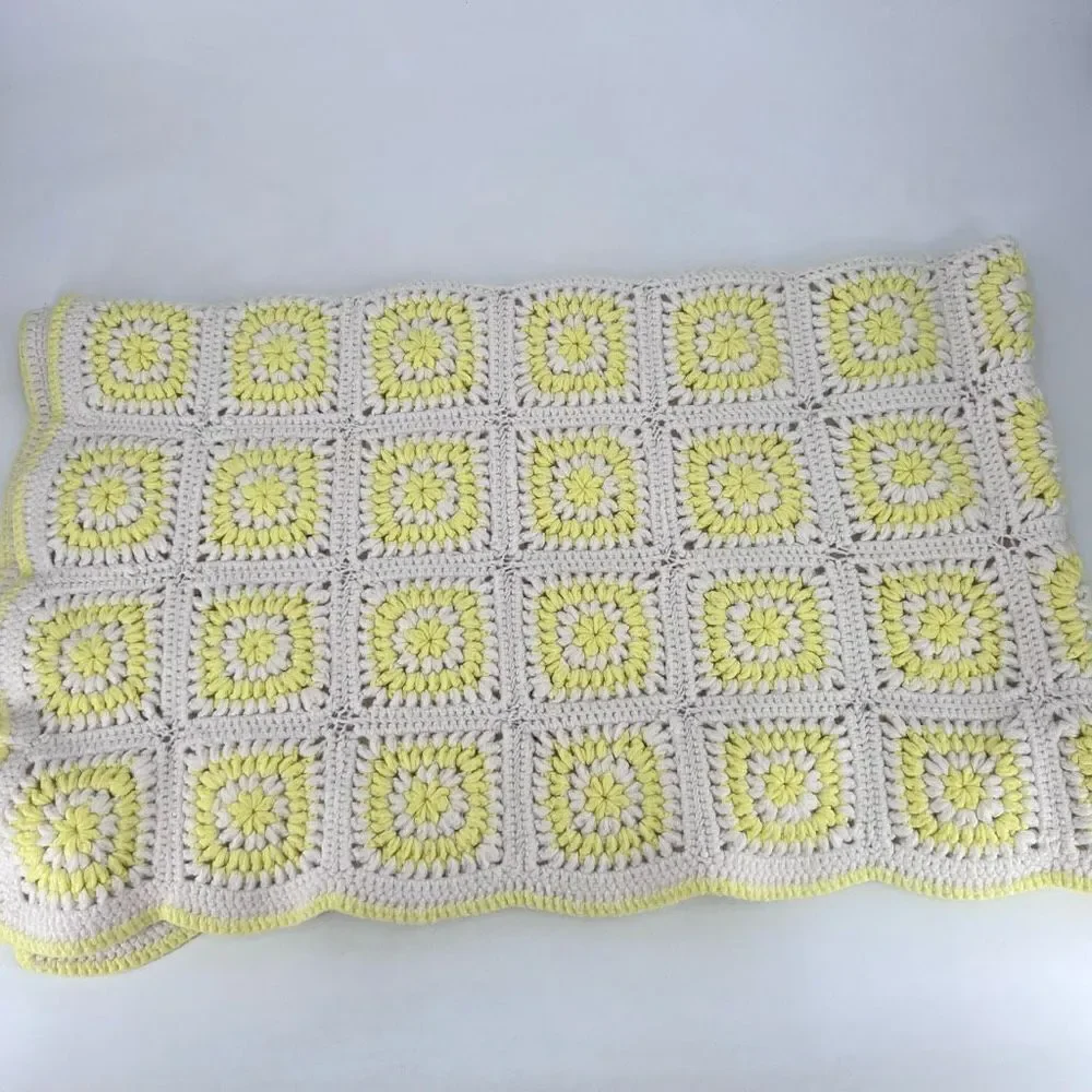 Vintage Handmade Large Afghan Blanket Yellow & White Camp Adirondack rustic 42 x